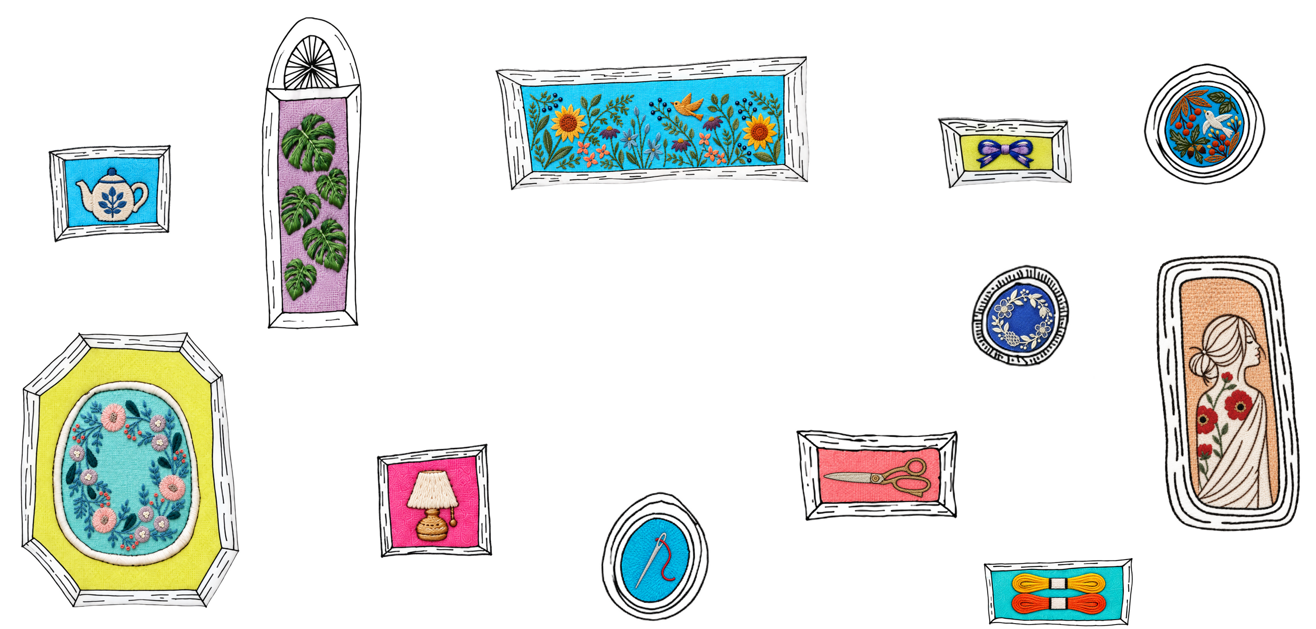 Hand-drawn frames filled with colorful Sheshoo embroidery